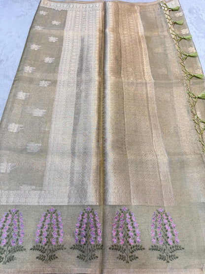Pista Green Tissue Designer Embroidery Premium Banarasi Saree