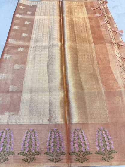 Peach Tissue Designer Embroidery Premium Banarasi Saree