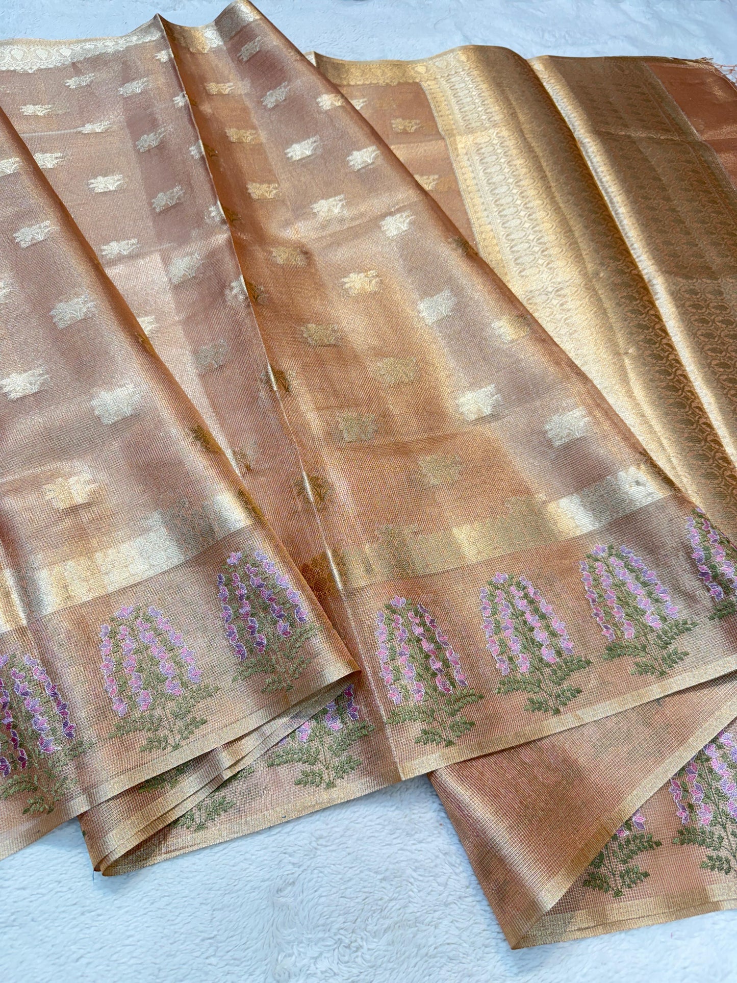 Peach Tissue Designer Embroidery Premium Banarasi Saree