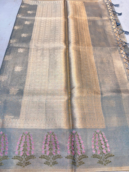 Gray Tissue Designer Embroidery Premium Banarasi Saree