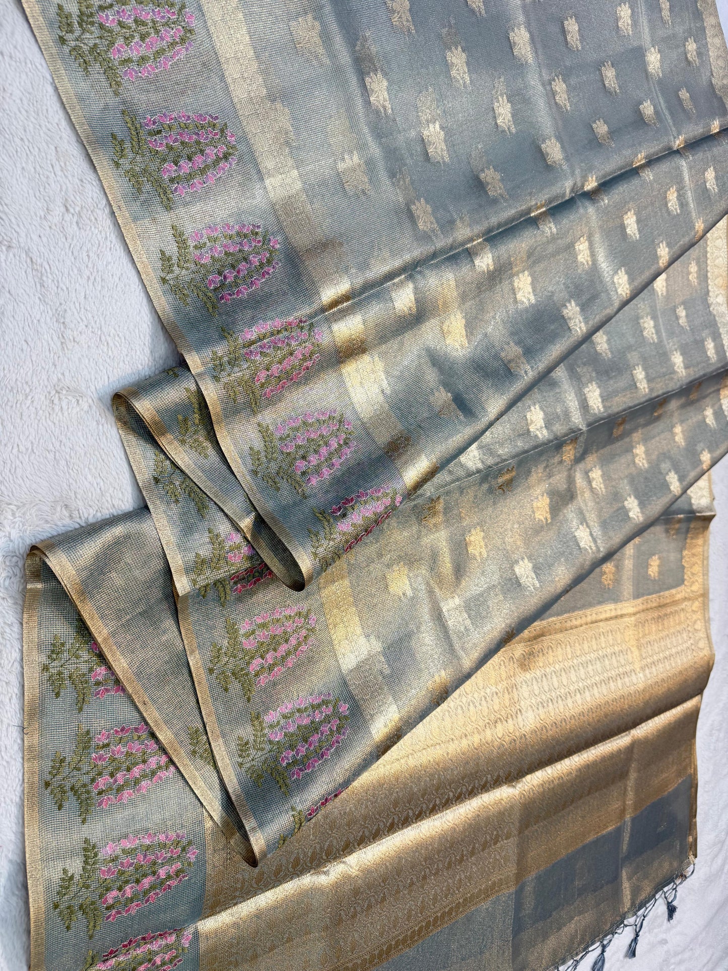Gray Tissue Designer Embroidery Premium Banarasi Saree