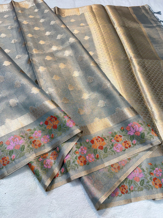 Gray Tissue Kota Designer Embroidery Premium Banarasi Saree
