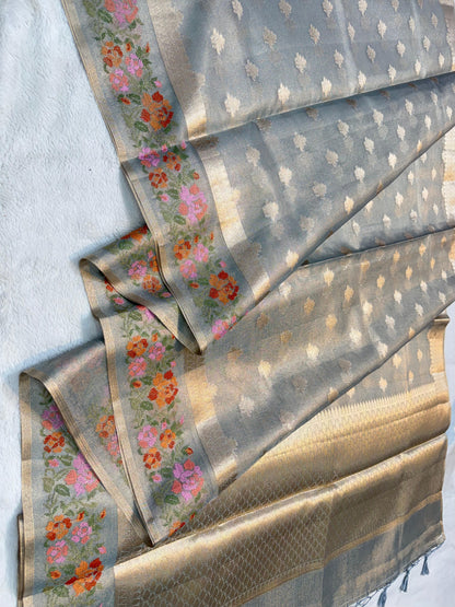 Gray Tissue Kota Designer Embroidery Premium Banarasi Saree
