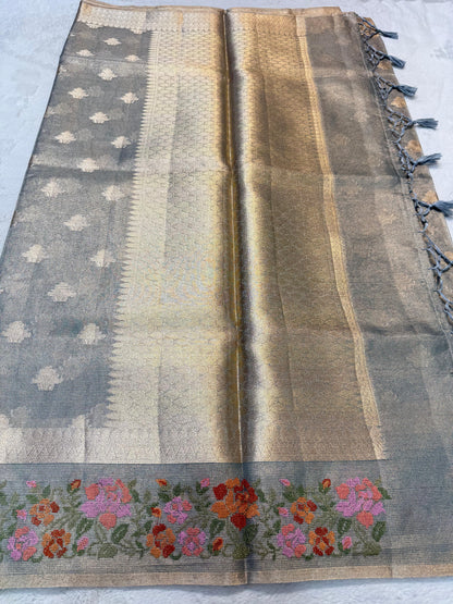 Gray Tissue Kota Designer Embroidery Premium Banarasi Saree