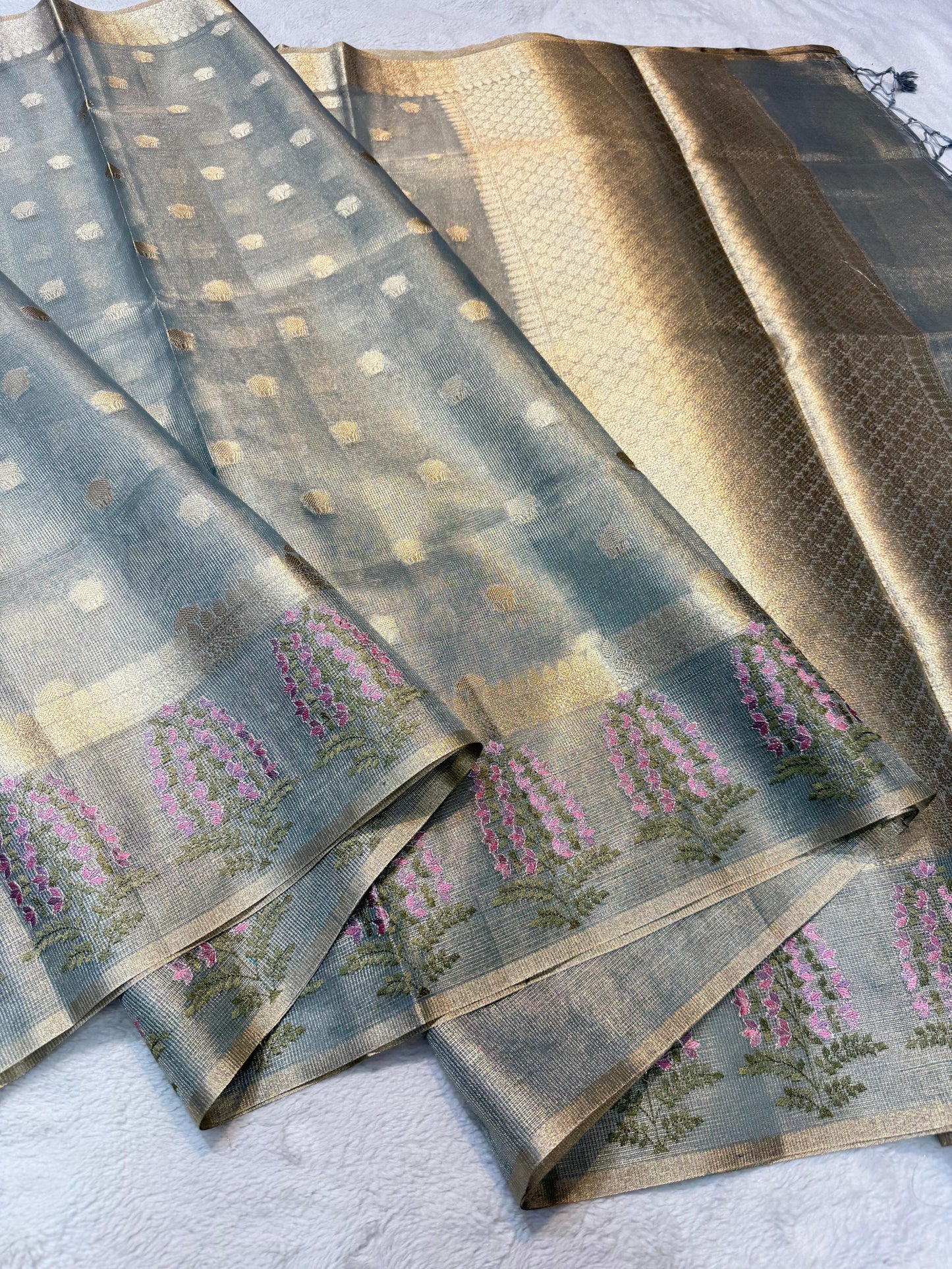 Gray Tissue Kota Designer Embroidery Premium Banarasi Saree