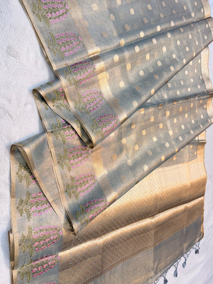 Gray Tissue Kota Designer Embroidery Premium Banarasi Saree