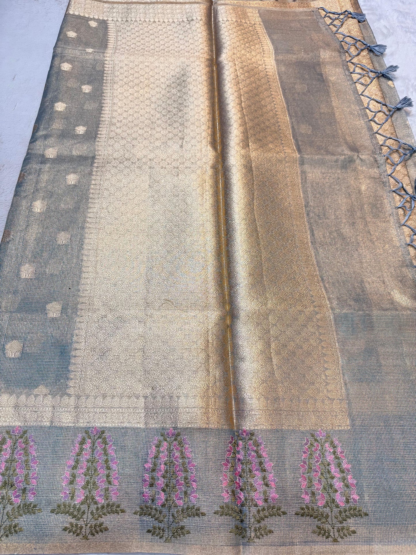 Gray Tissue Kota Designer Embroidery Premium Banarasi Saree