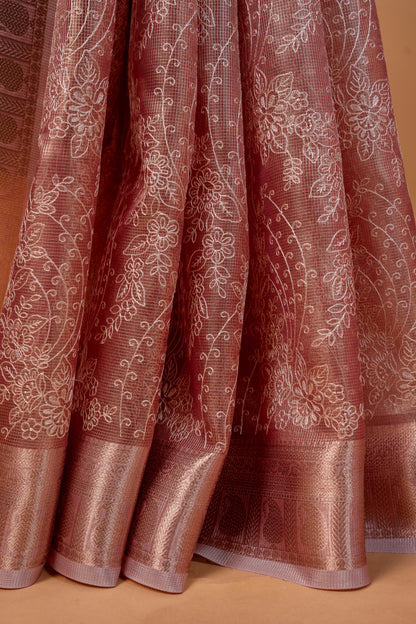 Rose Gold Tissue Kota Designer Embroidery Premium Banarasi Saree
