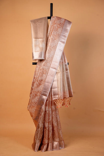 Peach Tissue Kota Designer Embroidery Premium Banarasi Saree