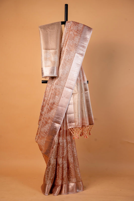 Peach Tissue Kota Designer Embroidery Premium Banarasi Saree