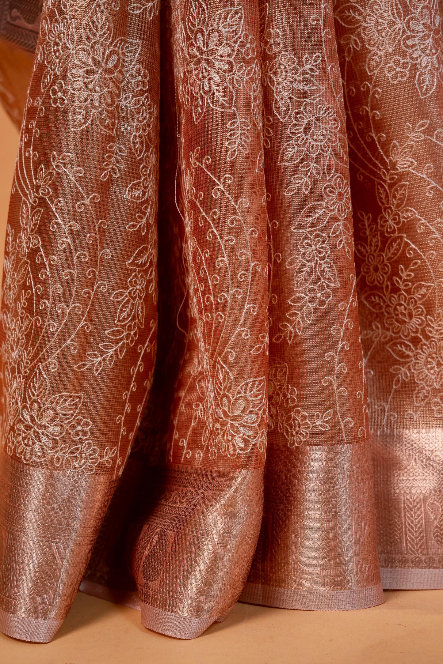 Peach Tissue Kota Designer Embroidery Premium Banarasi Saree