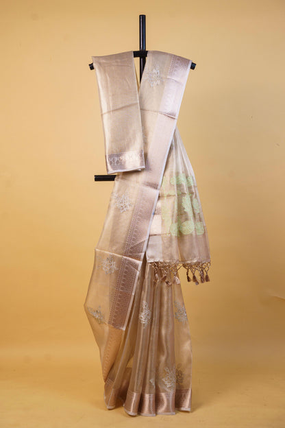Pista Green Tissue Kota Embroidery Applique Work Banarasi Saree