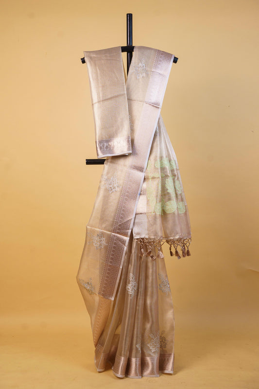 Pista Green Tissue Kota Embroidery Applique Work Banarasi Saree
