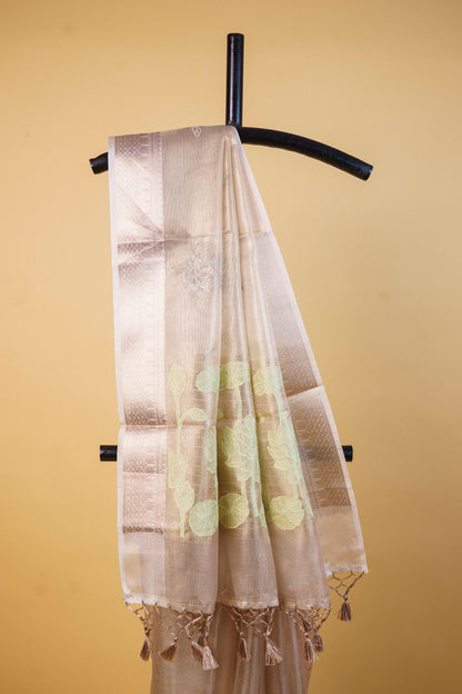 Pista Green Tissue Kota Embroidery Applique Work Banarasi Saree