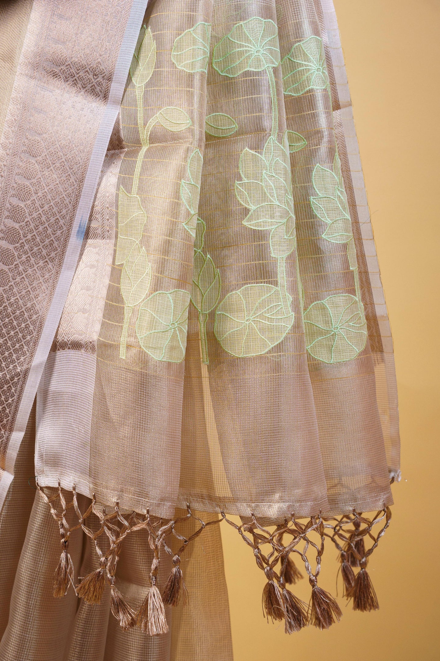 Pista Green Tissue Kota Embroidery Applique Work Banarasi Saree
