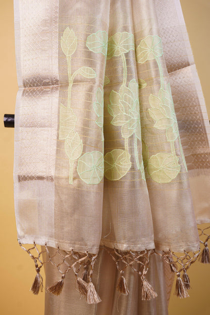 Pista Green Tissue Kota Embroidery Applique Work Banarasi Saree