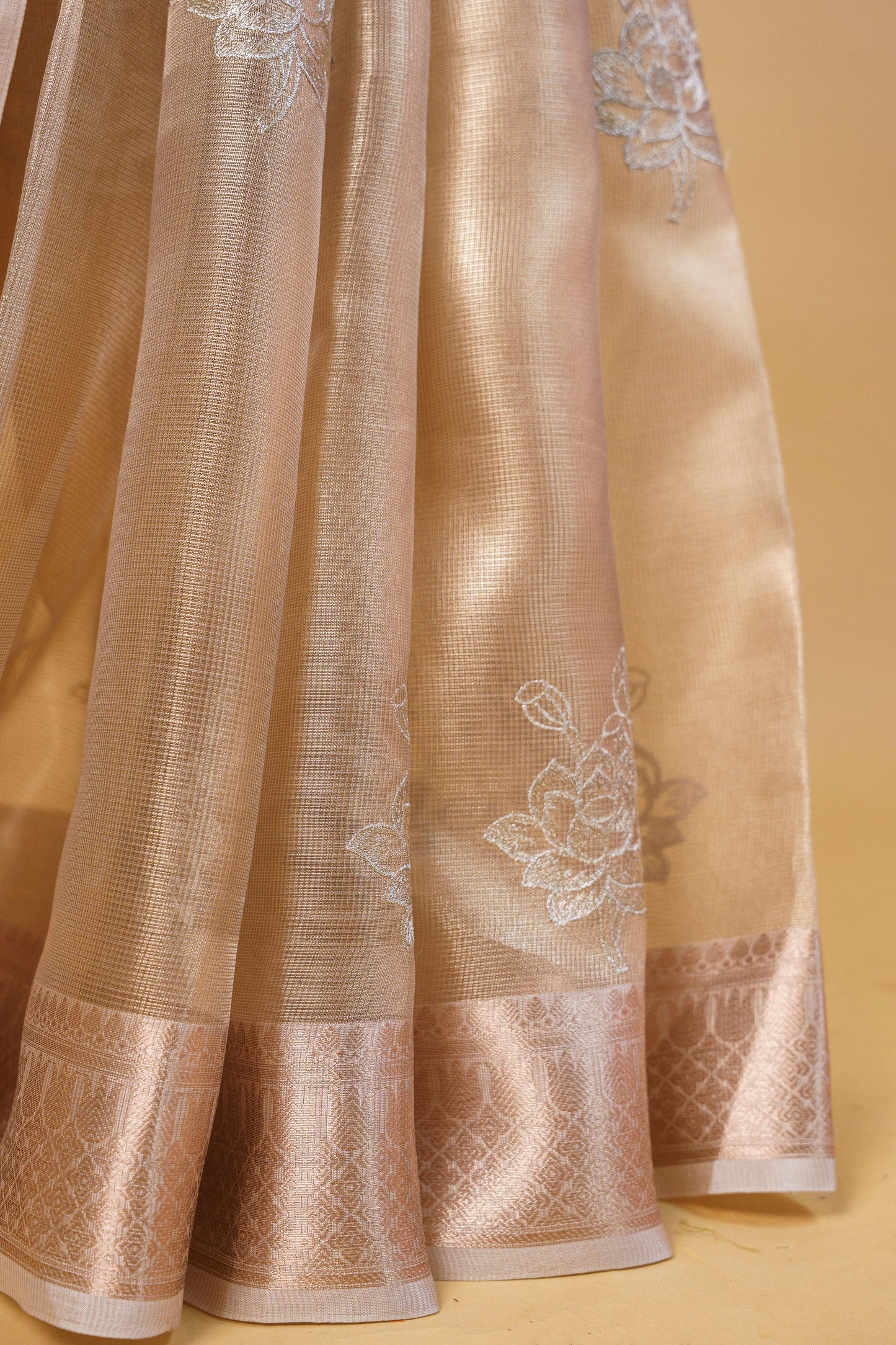Pista Green Tissue Kota Embroidery Applique Work Banarasi Saree