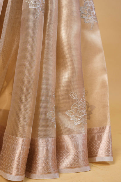 Pista Green Tissue Kota Embroidery Applique Work Banarasi Saree