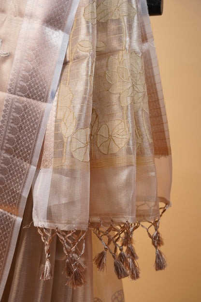 Gold Tissue Kota Embroidery Applique Work Banarasi Saree