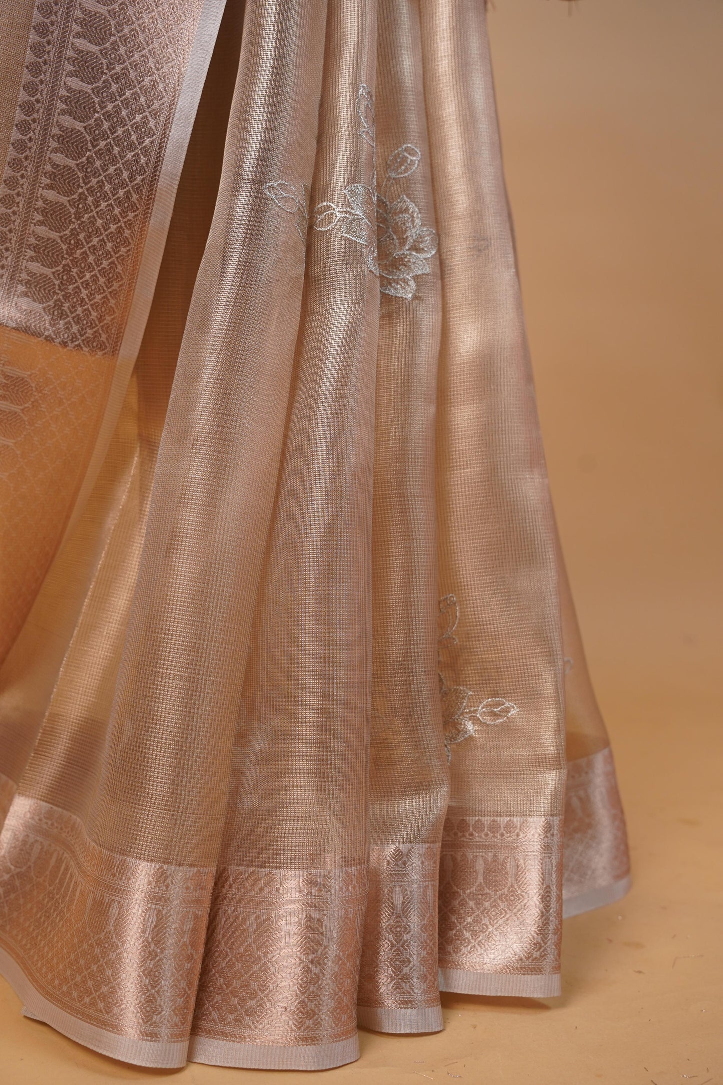 Gold Tissue Kota Embroidery Applique Work Banarasi Saree