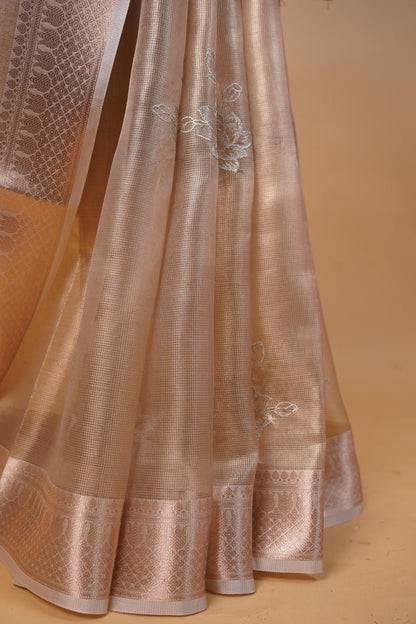 Gold Tissue Kota Embroidery Applique Work Banarasi Saree