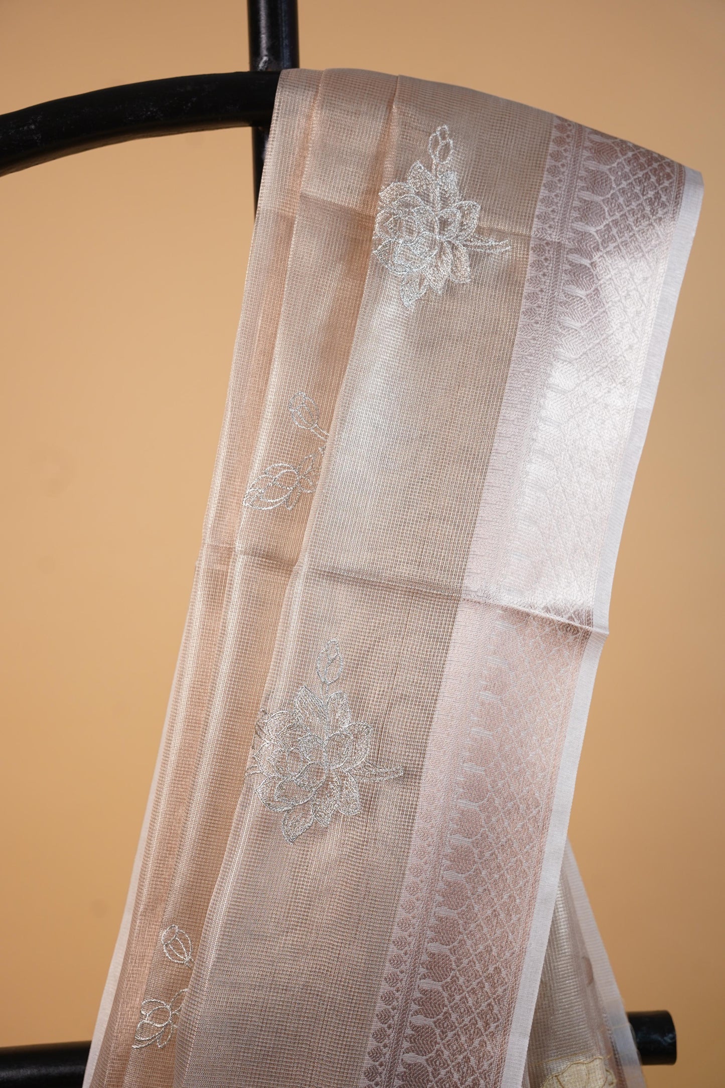 Gold Tissue Kota Embroidery Applique Work Banarasi Saree