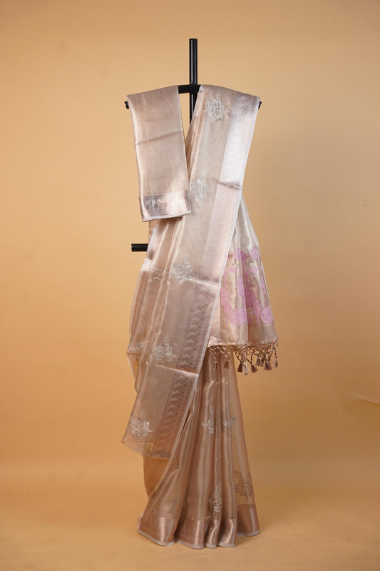 Pink Tissue Kota Embroidery Applique Work Banarasi Saree