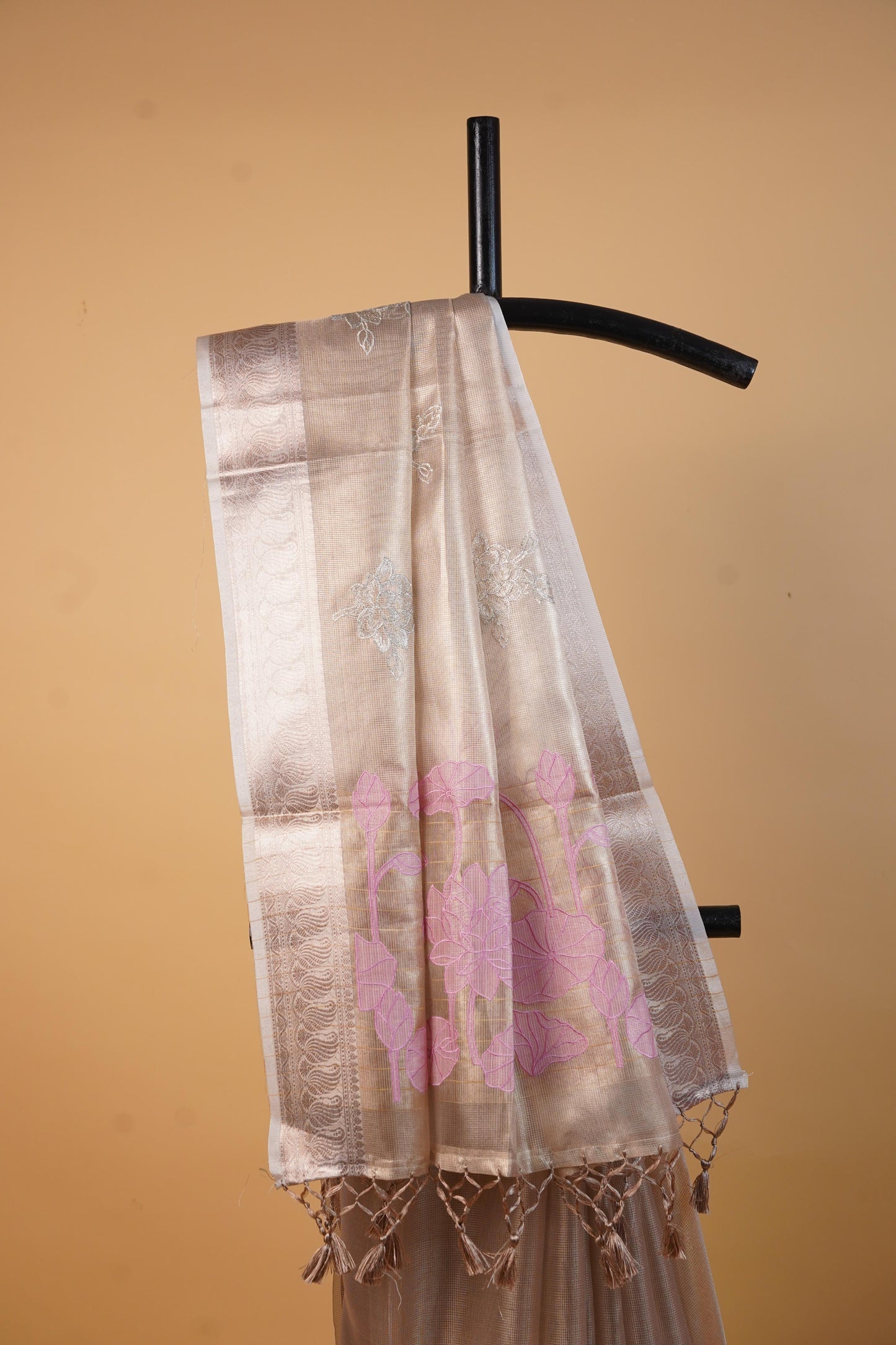 Pink Tissue Kota Embroidery Applique Work Banarasi Saree
