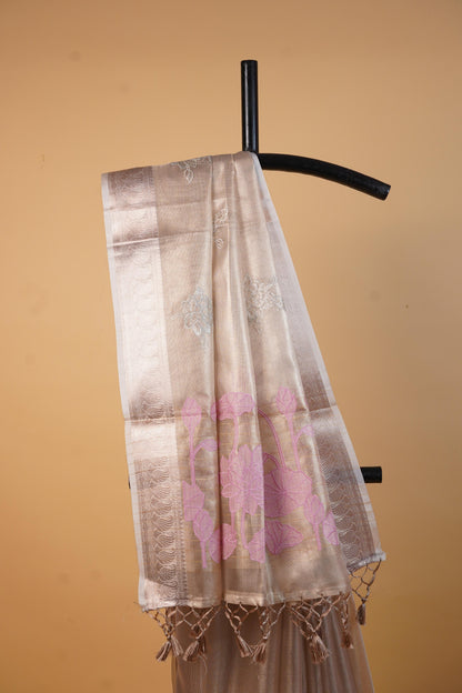 Pink Tissue Kota Embroidery Applique Work Banarasi Saree