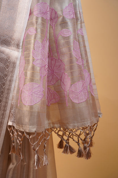 Pink Tissue Kota Embroidery Applique Work Banarasi Saree