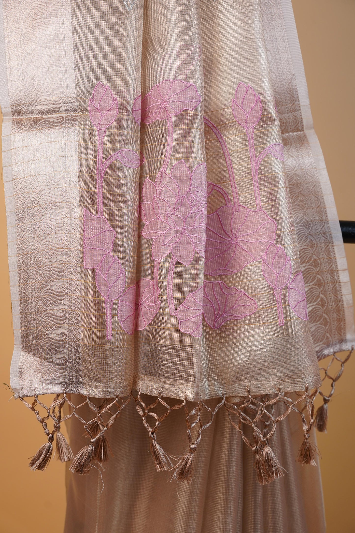 Pink Tissue Kota Embroidery Applique Work Banarasi Saree