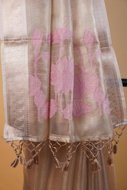 Pink Tissue Kota Embroidery Applique Work Banarasi Saree