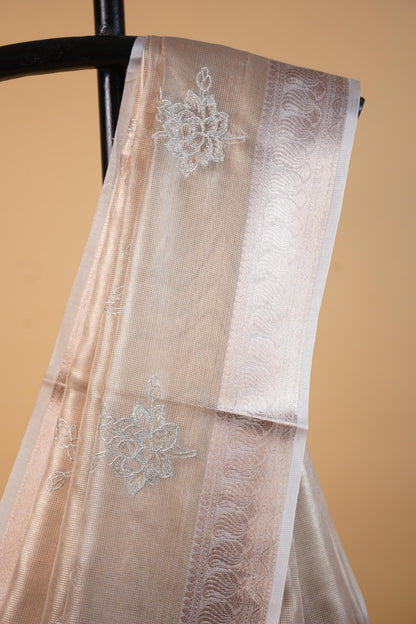 Pink Tissue Kota Embroidery Applique Work Banarasi Saree