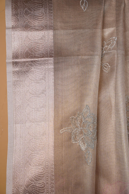Pink Tissue Kota Embroidery Applique Work Banarasi Saree