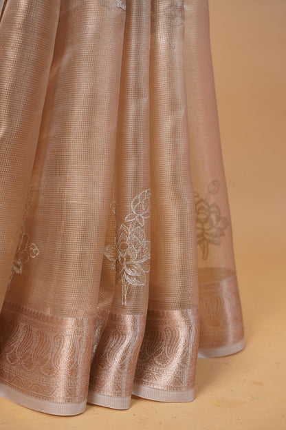 Pink Tissue Kota Embroidery Applique Work Banarasi Saree