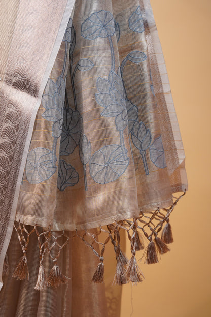 Gray Tissue Kota Embroidery Applique Work Banarasi Saree