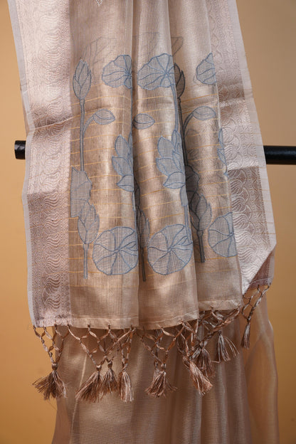 Gray Tissue Kota Embroidery Applique Work Banarasi Saree