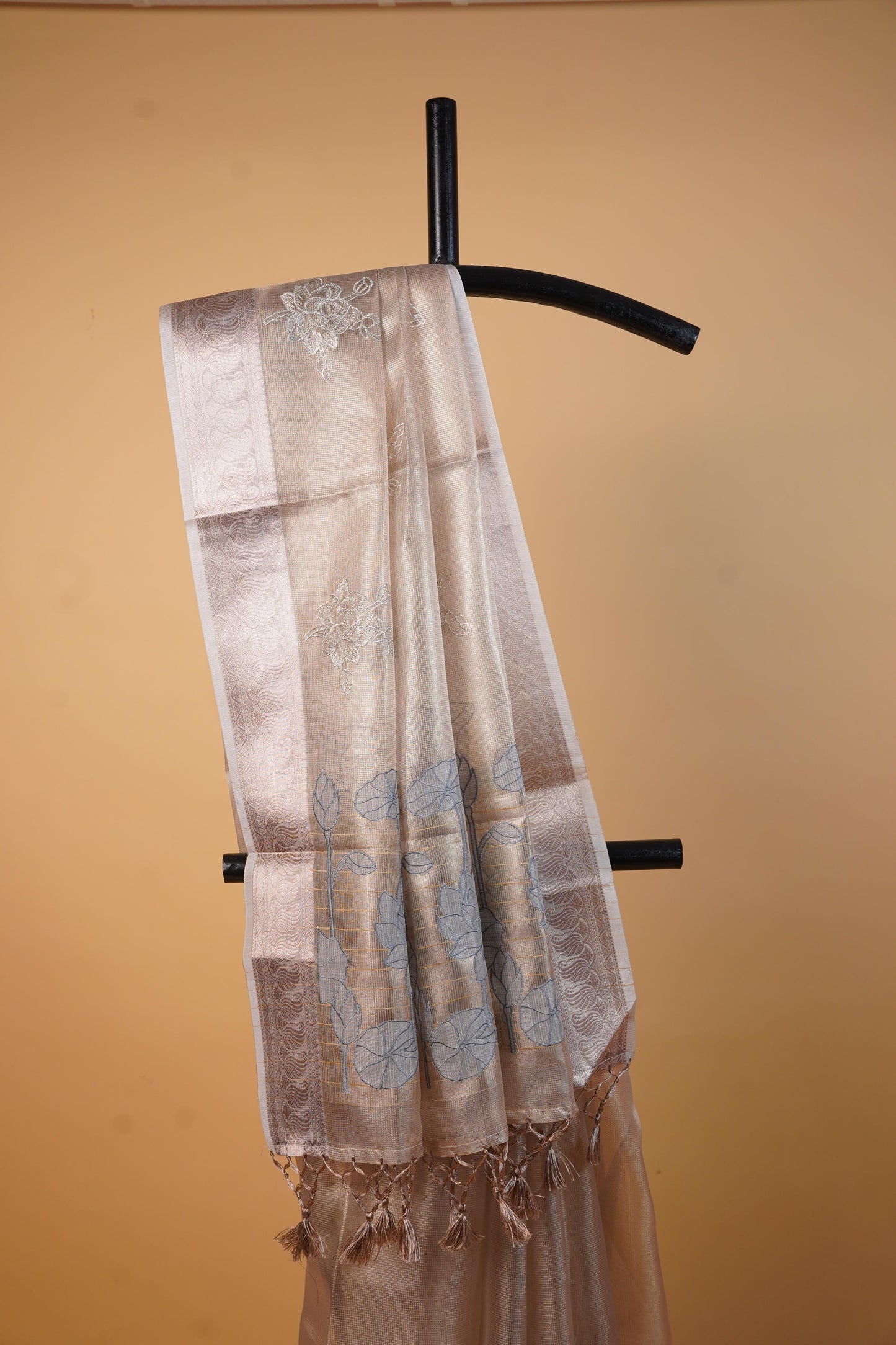 Gray Tissue Kota Embroidery Applique Work Banarasi Saree