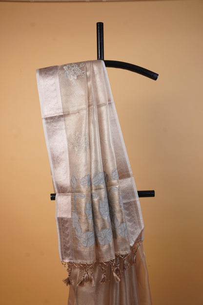 Gray Tissue Kota Embroidery Applique Work Banarasi Saree
