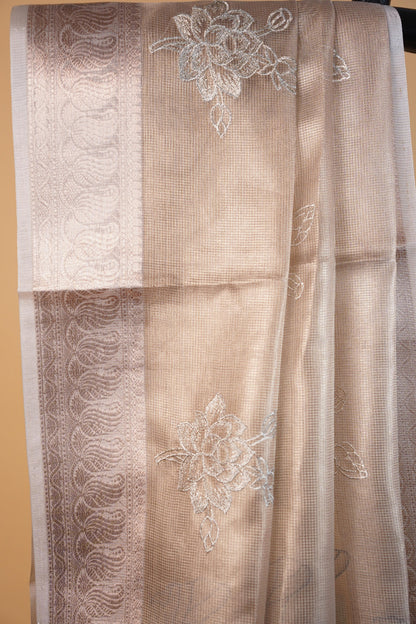 Gray Tissue Kota Embroidery Applique Work Banarasi Saree
