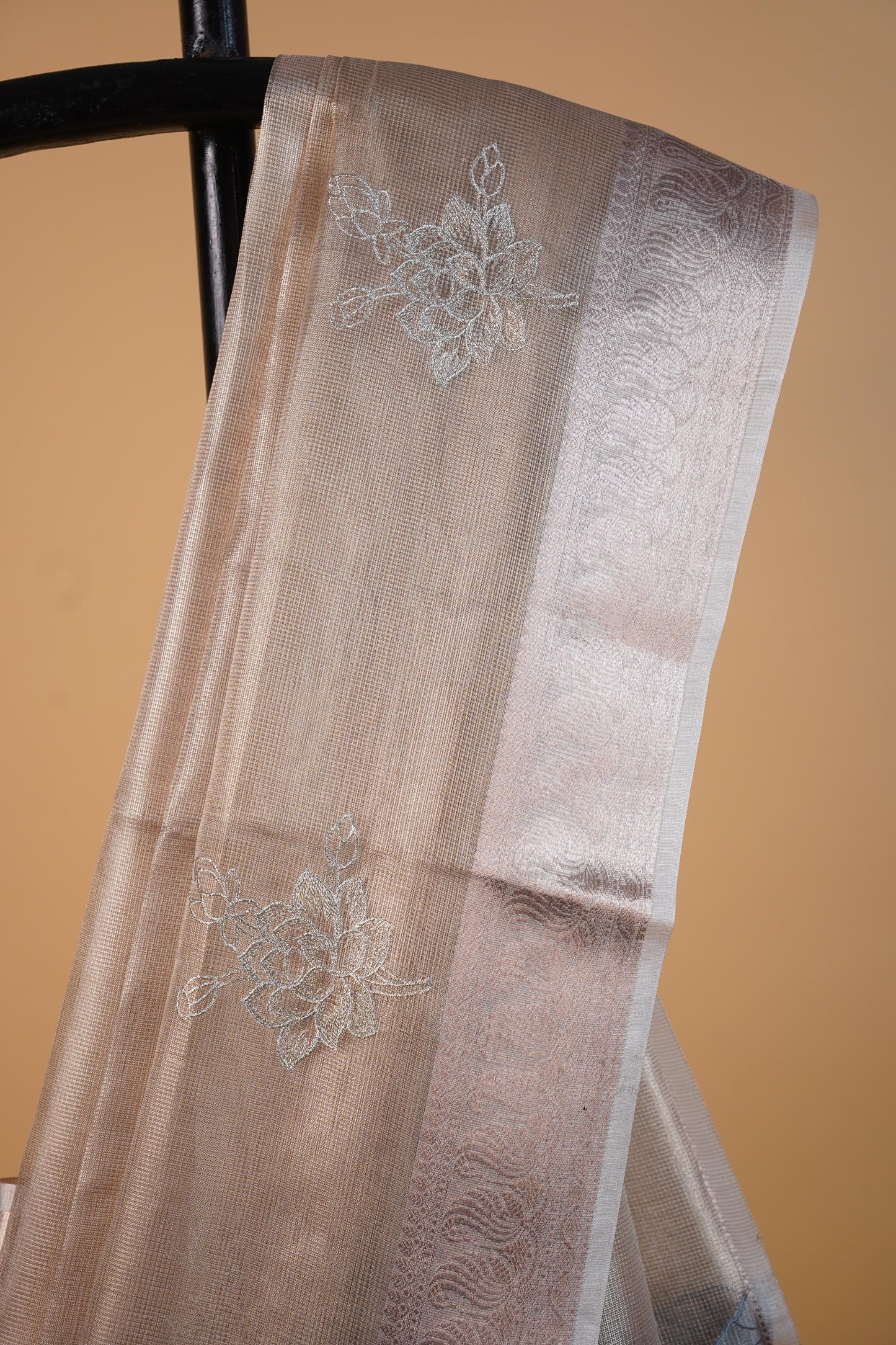 Gray Tissue Kota Embroidery Applique Work Banarasi Saree