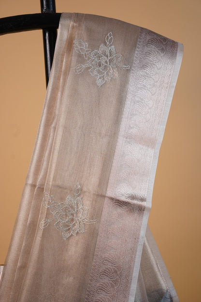 Gray Tissue Kota Embroidery Applique Work Banarasi Saree