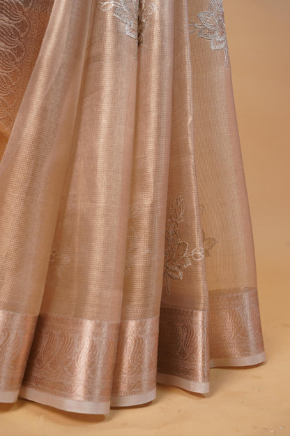 Gray Tissue Kota Embroidery Applique Work Banarasi Saree