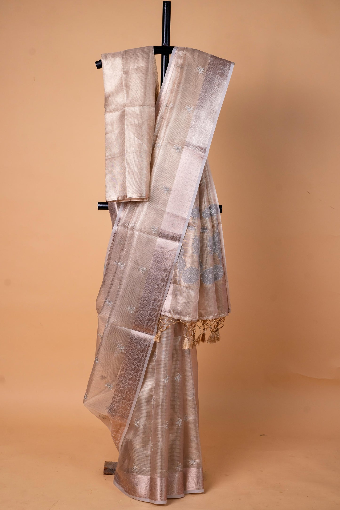 Gray Tissue Kota Embroidery Applique Work Banarasi Saree