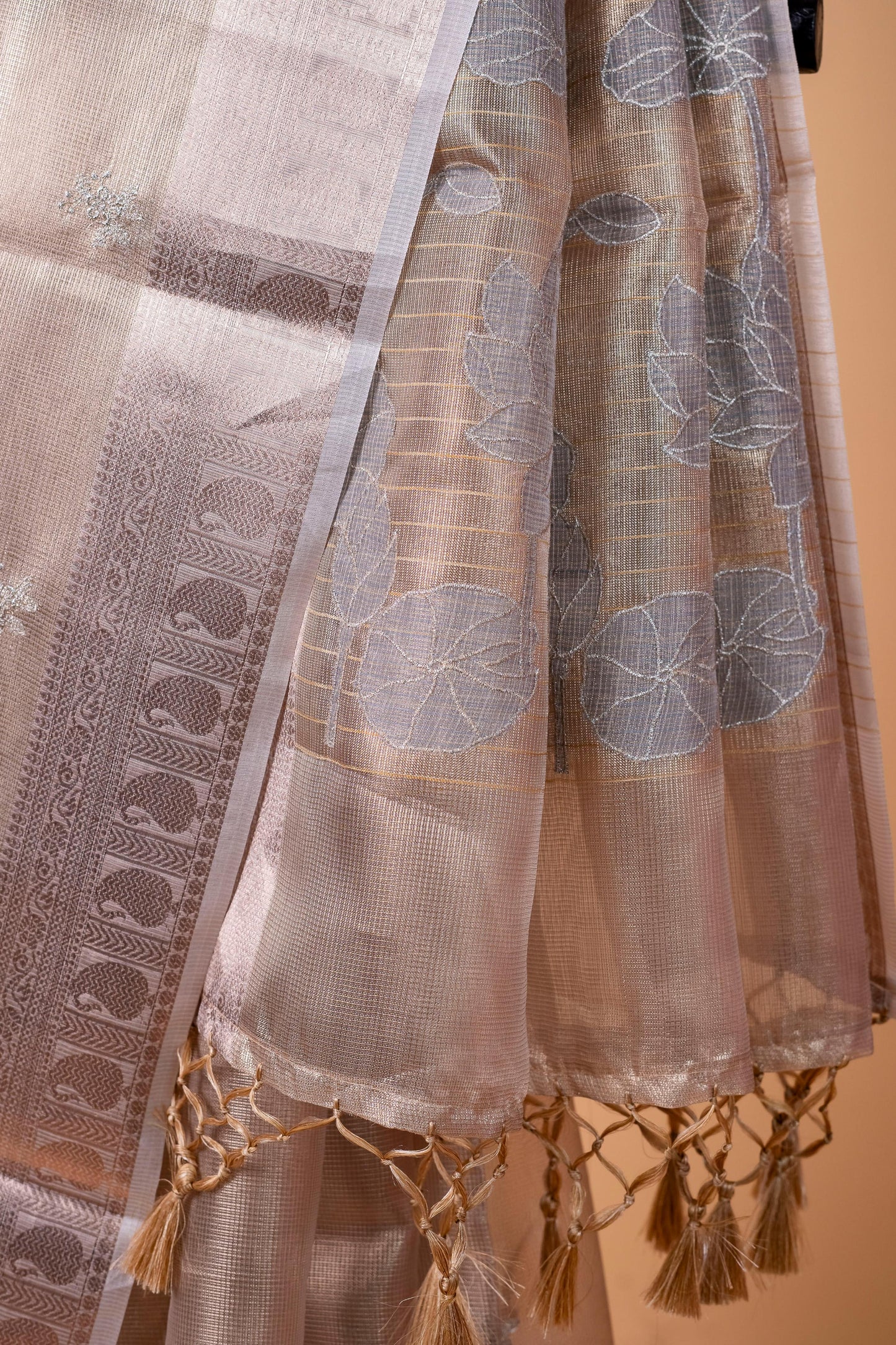 Gray Tissue Kota Embroidery Applique Work Banarasi Saree