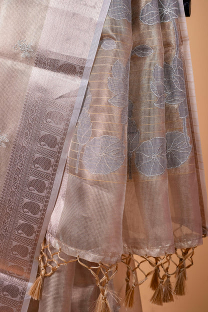 Gray Tissue Kota Embroidery Applique Work Banarasi Saree