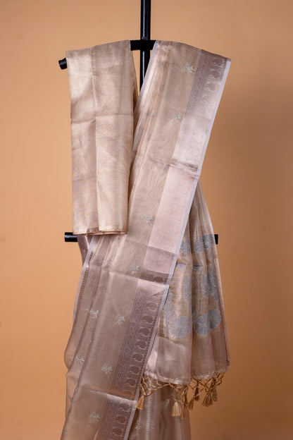Gray Tissue Kota Embroidery Applique Work Banarasi Saree