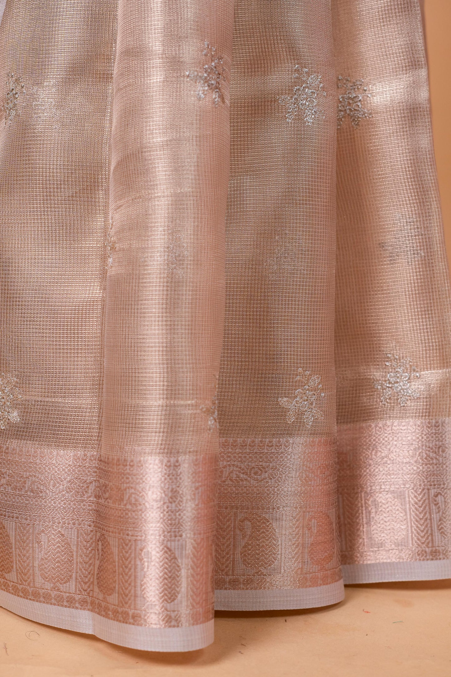 Gray Tissue Kota Embroidery Applique Work Banarasi Saree