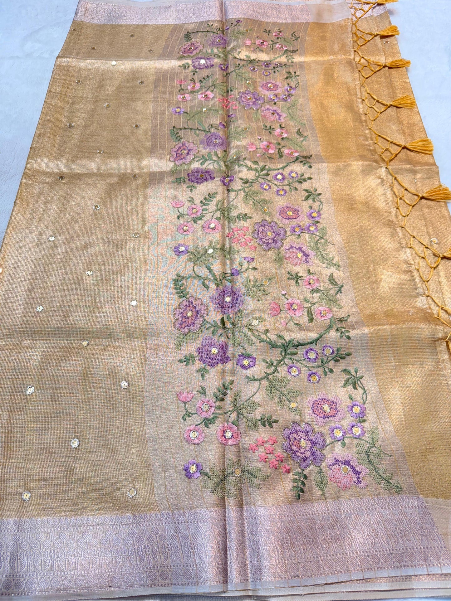 Gold Tissue Kota Embroidery Handwork Banarasi Saree