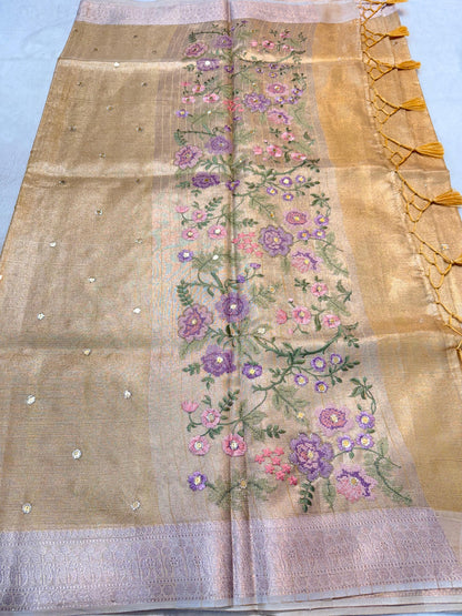 Gold Tissue Kota Embroidery Handwork Banarasi Saree